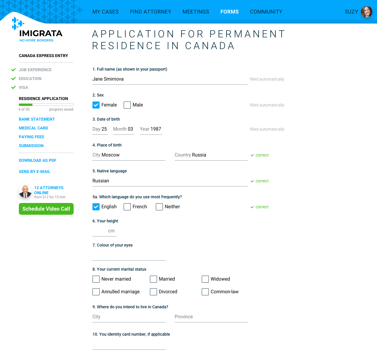 Immigration forms screenshot